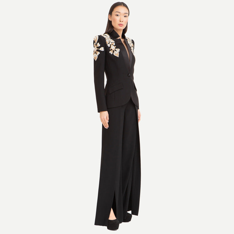 Crystal Floral Long Sleeve Suit Black HV1484
