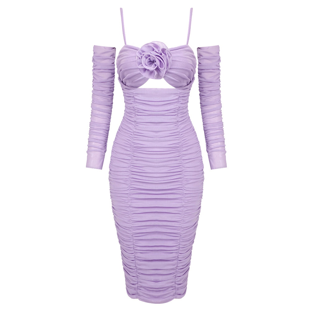 Long Sleeve Ruched Floral Midi Dress Lavender HV1284