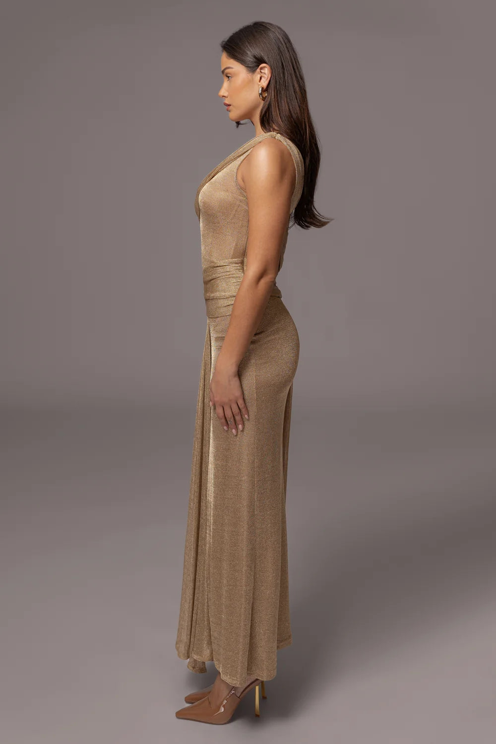 One Shoulder Draped Maxi Dress Gold Nude HV2070