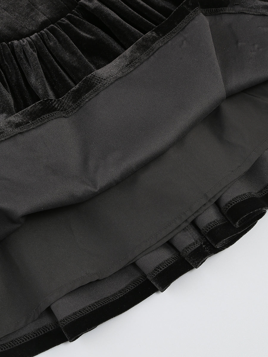 Flower Detail Strapless A Line Velvet Dress Black HV1173