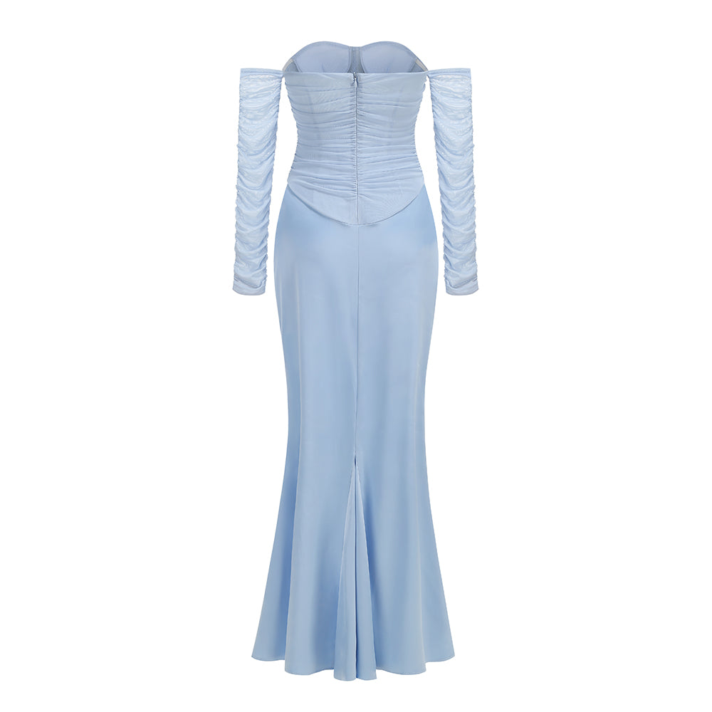 Long Sleeve Draped Mesh Bustier Maxi Dress Blue HV3179