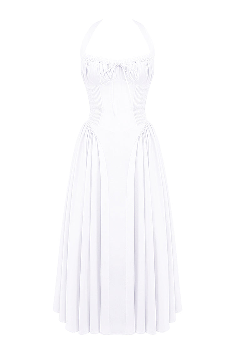 Halter Lace Bustier A Line Midi Dress White HV1290