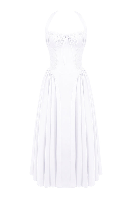 Halter Lace Bustier A Line Midi Dress White HV1290