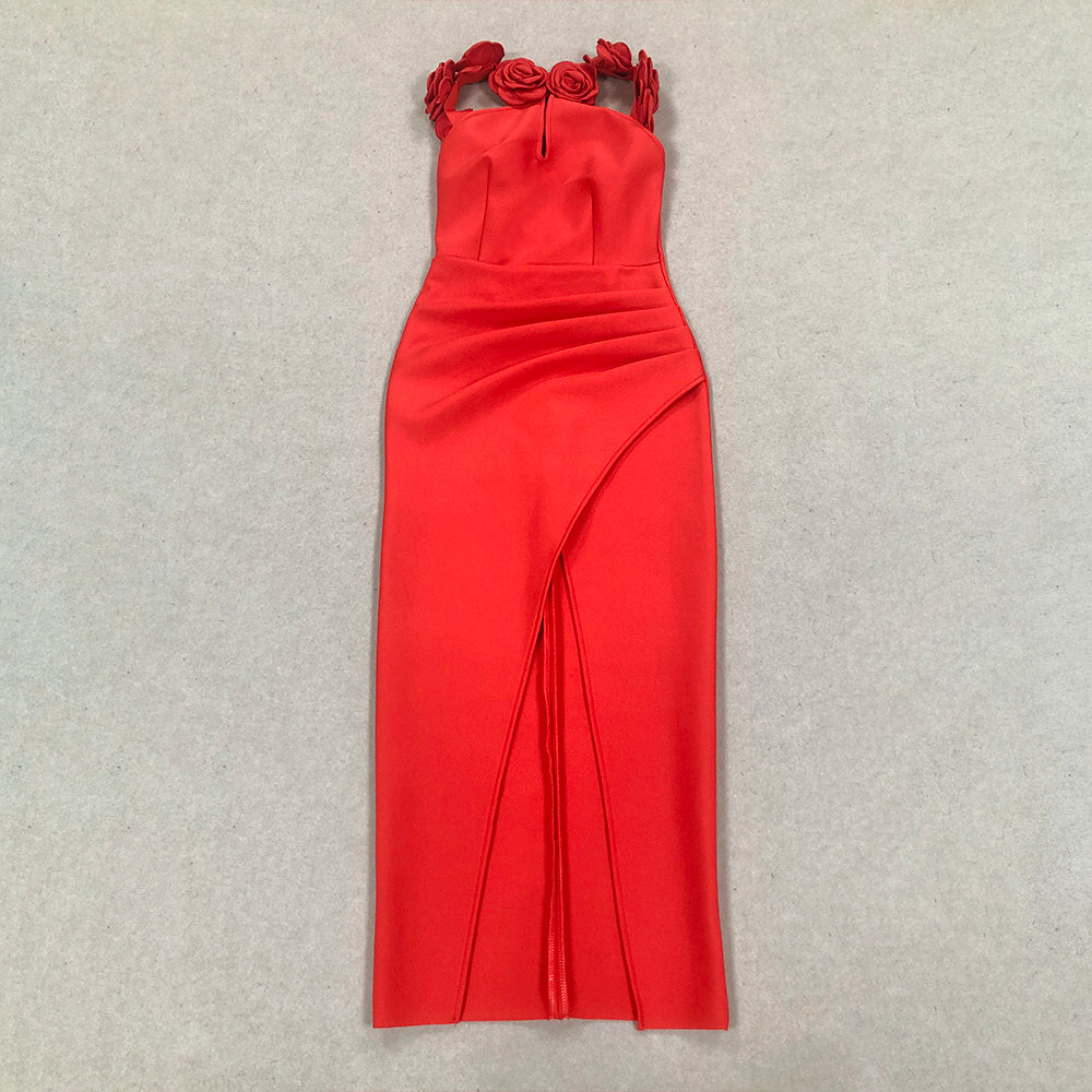 Halter Floral Backless Maxi Dress Red HV1733