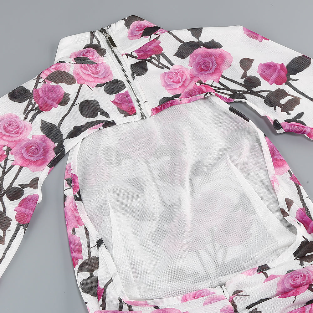 Long Sleeve Floral Backless Dress Pink HV1938