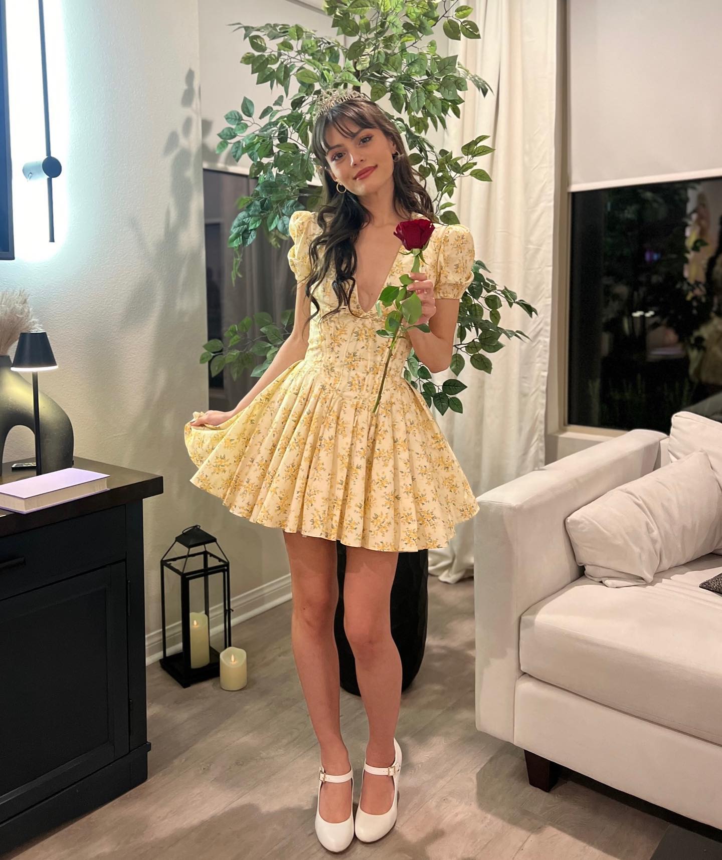 Short Sleeve Floral A Line Dress Yellow HV1205