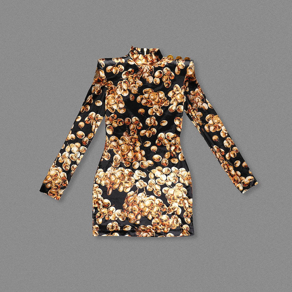 Long Sleeve Printed Dress Gold Black HV1859