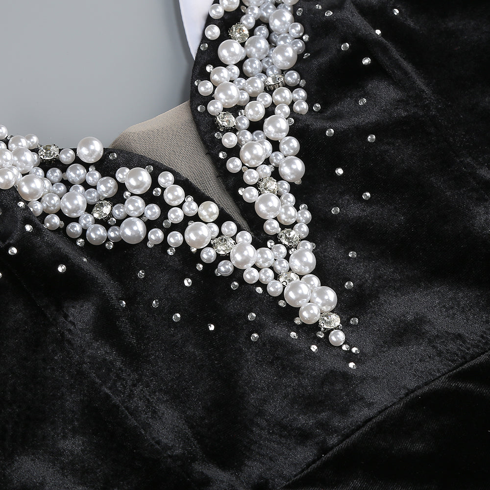 Strapless Sequin Bustier Maxi Velvet Dress Black HV1979