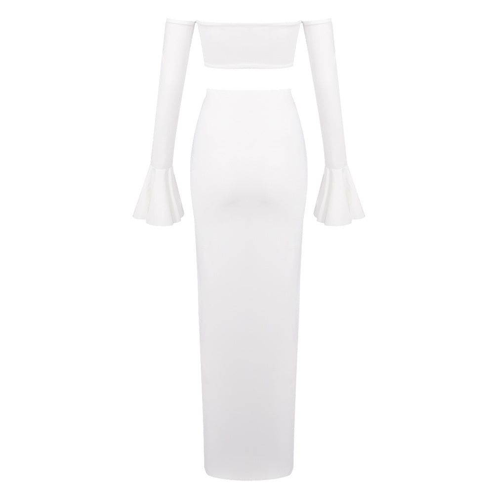 Long Sleeve Bardot Two Piece Maxi Dress White HV2658