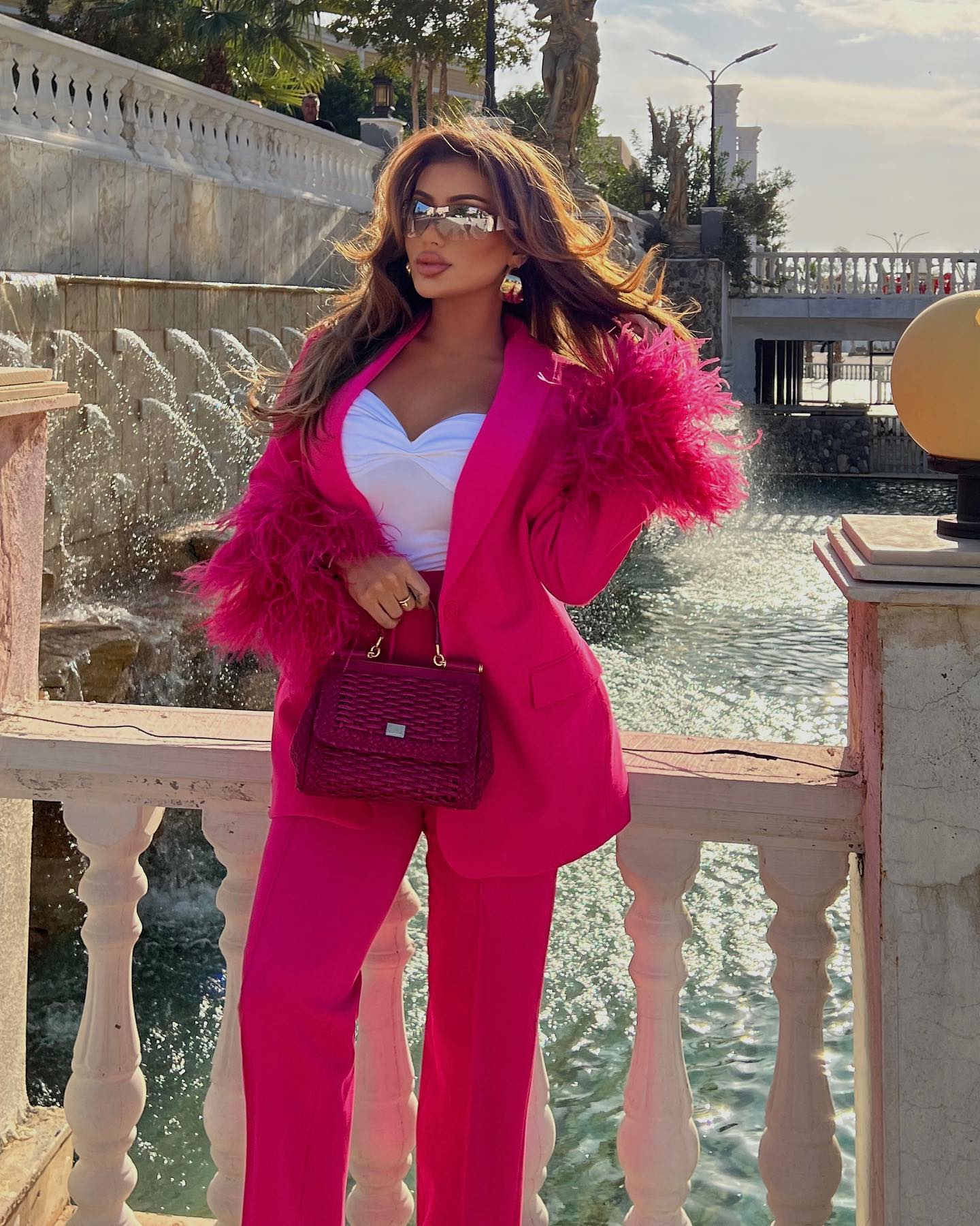 Long Sleeve Feather Detail Suit Hot Pink HV1267
