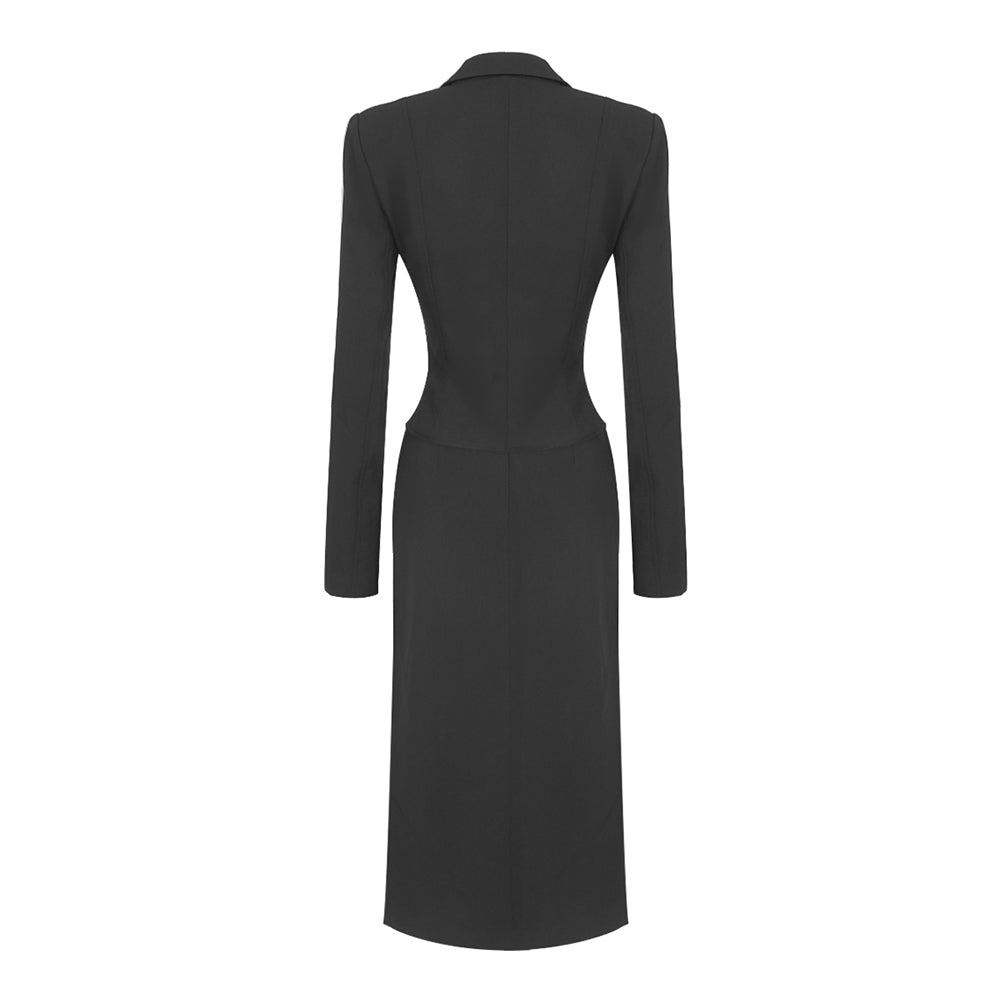 Long Sleeve Buckle Detail Midi Coat Dress Black HV9939