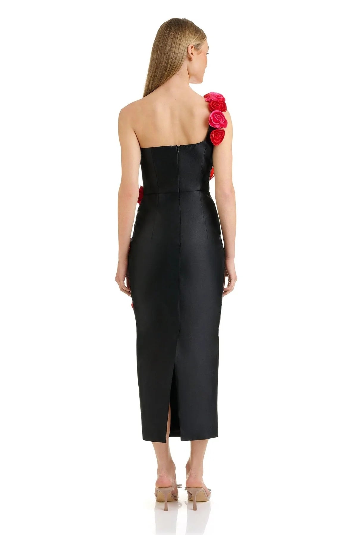 One Shoulder Rose Detail Midi Dress Black HV1094