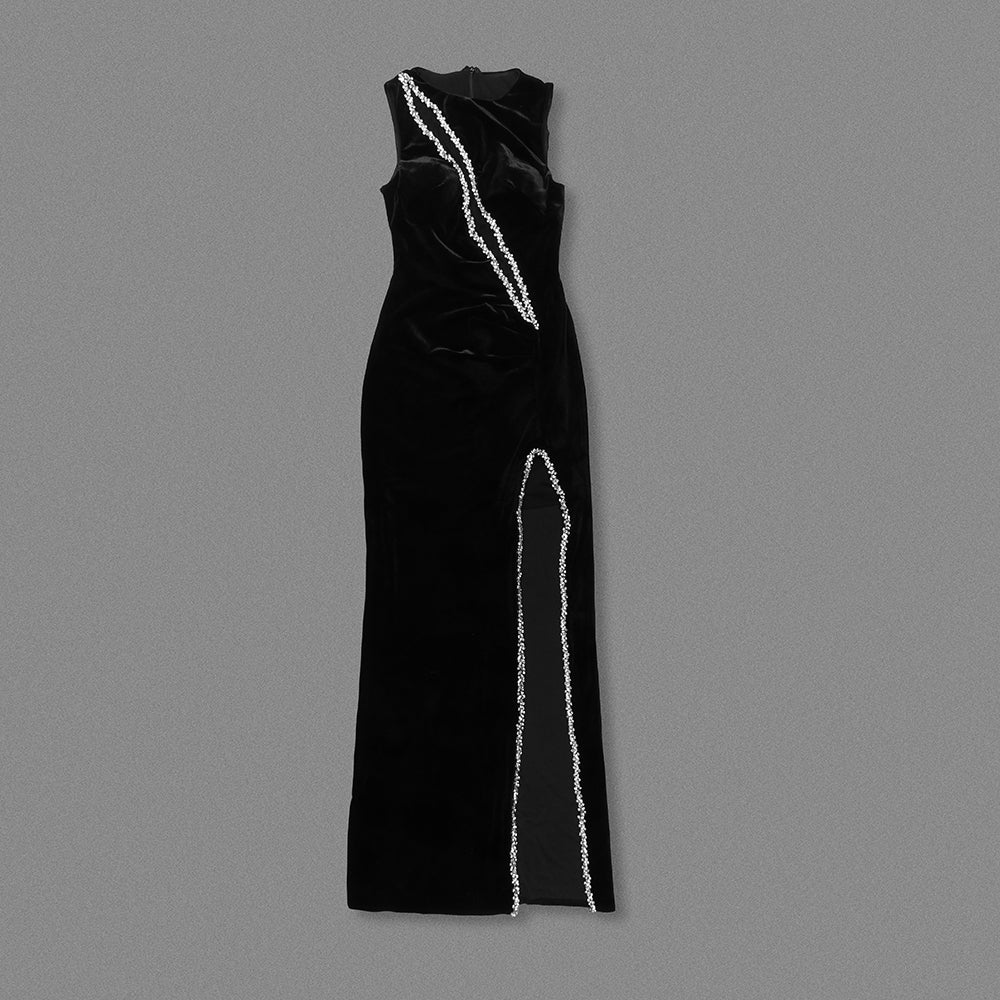 Crystal Mesh Insert Maxi Velvet Dress Black HV2092