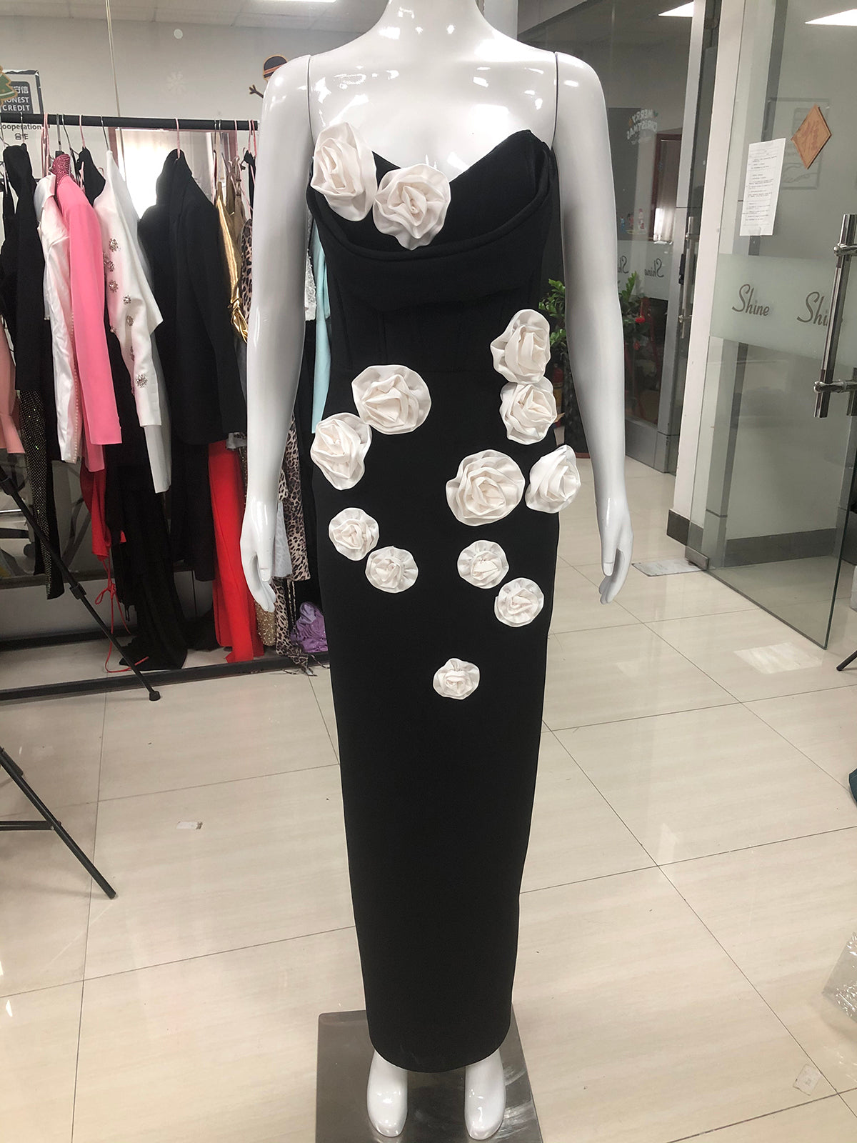 Strapless Floral Corset Maxi Dress Black White HV1703