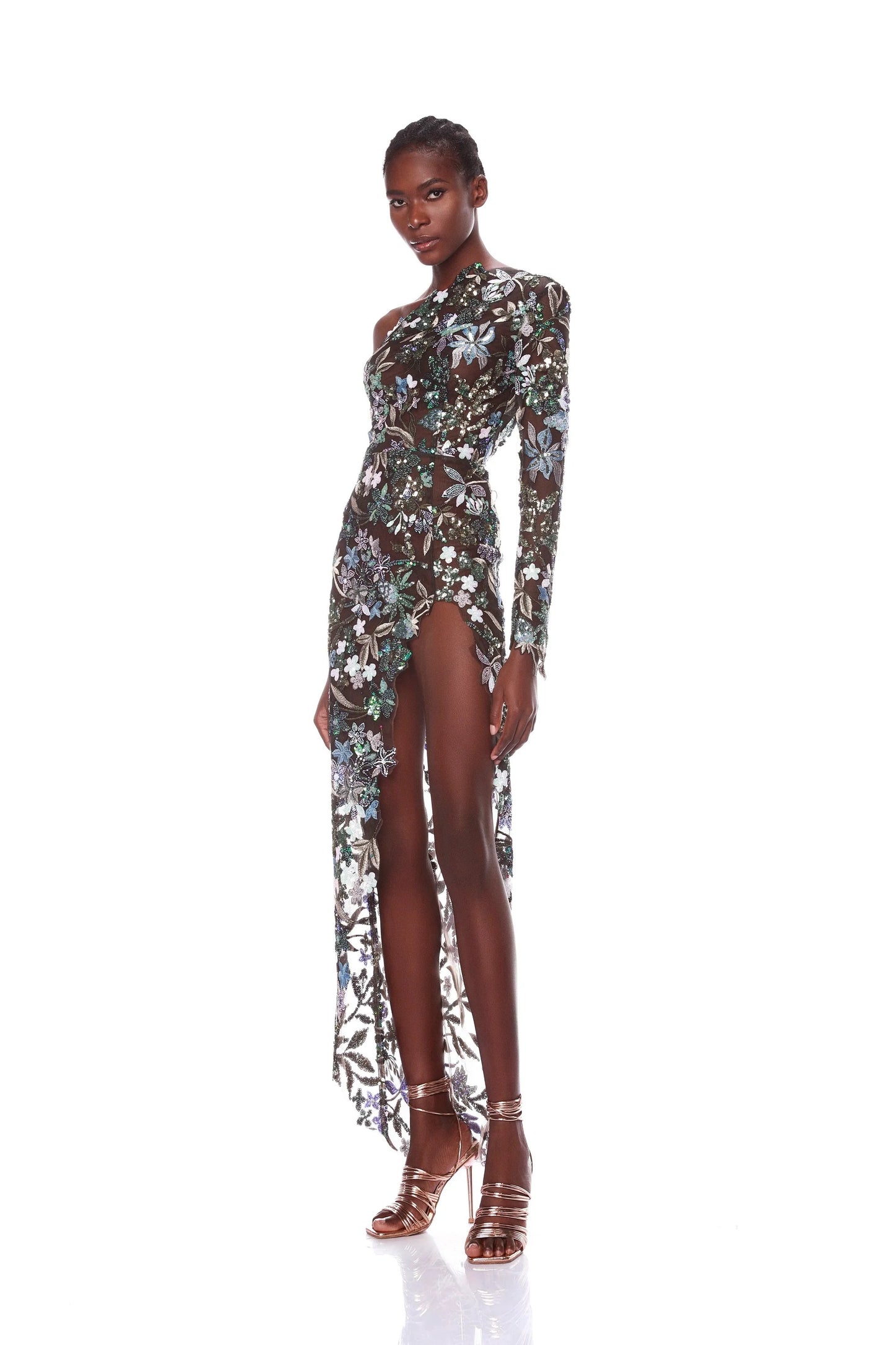 One Sleeve Sequin Floral Maxi Dress HV1608