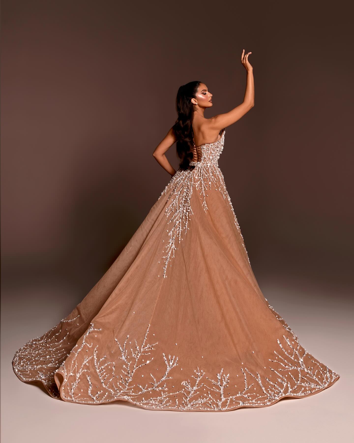 Strapless Crystal Pearl Sequin Maxi Dress Nude HV2146
