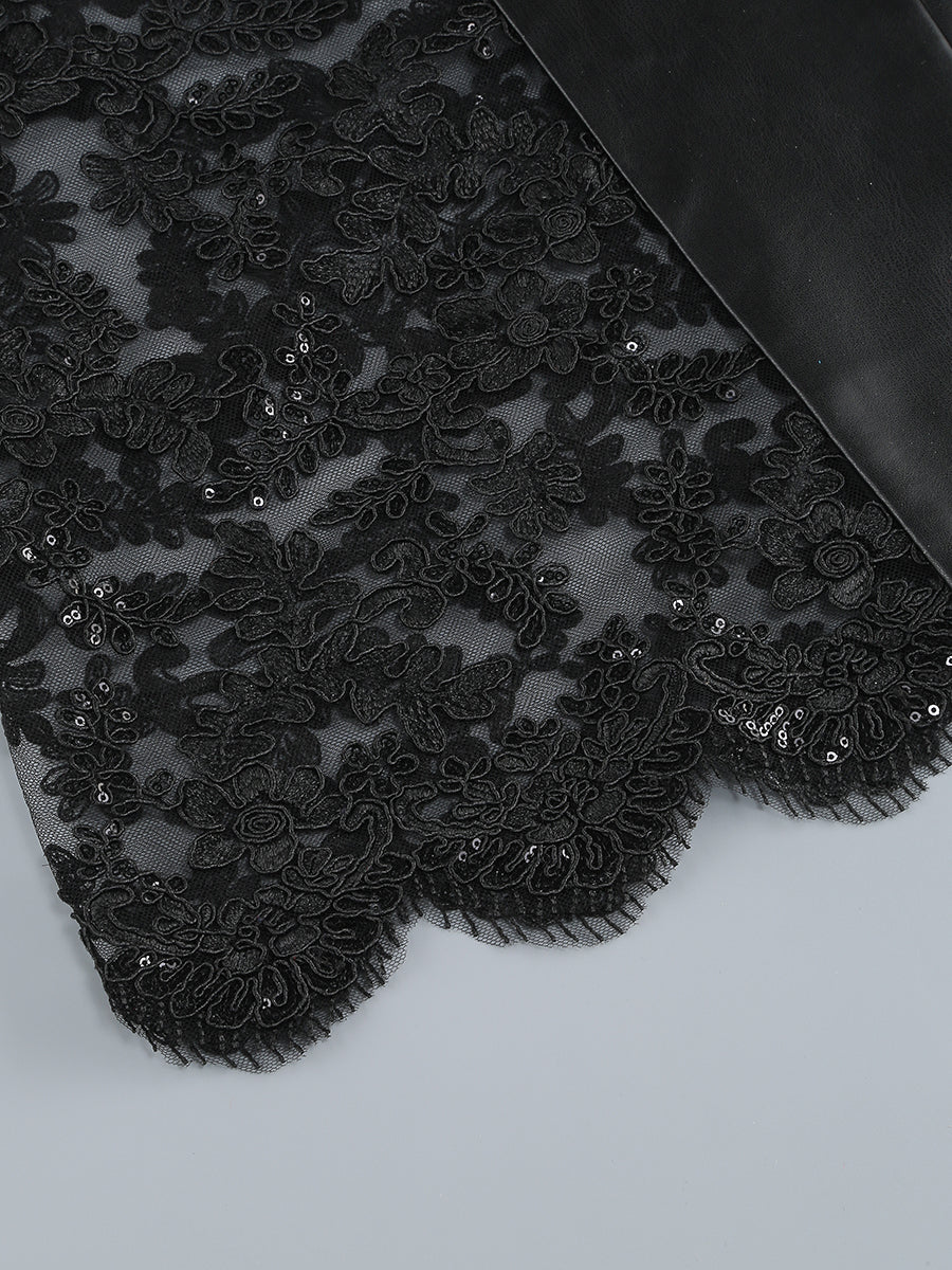Strapless Sequin Lace Maxi Faux Leather Dress Black