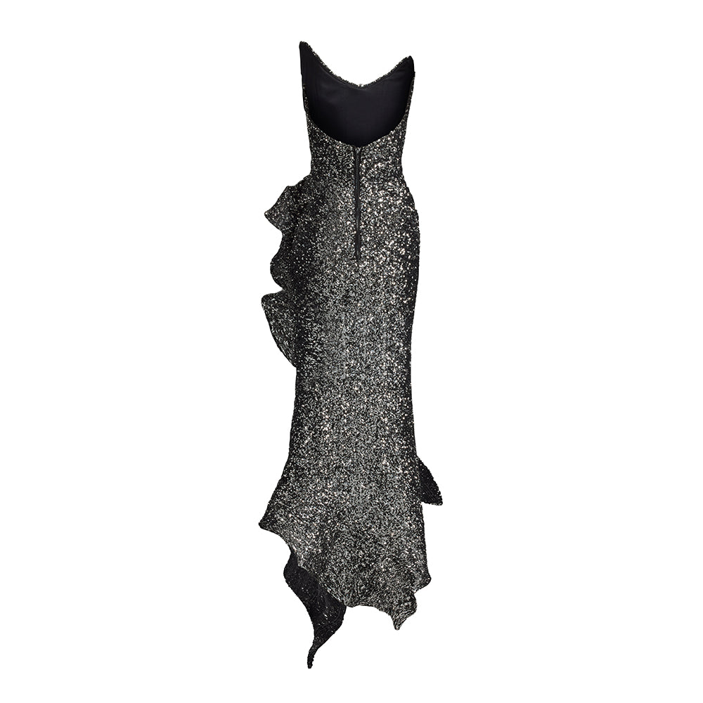 Strapless Sequin Ruffle Maxi Dress Silver HV2234