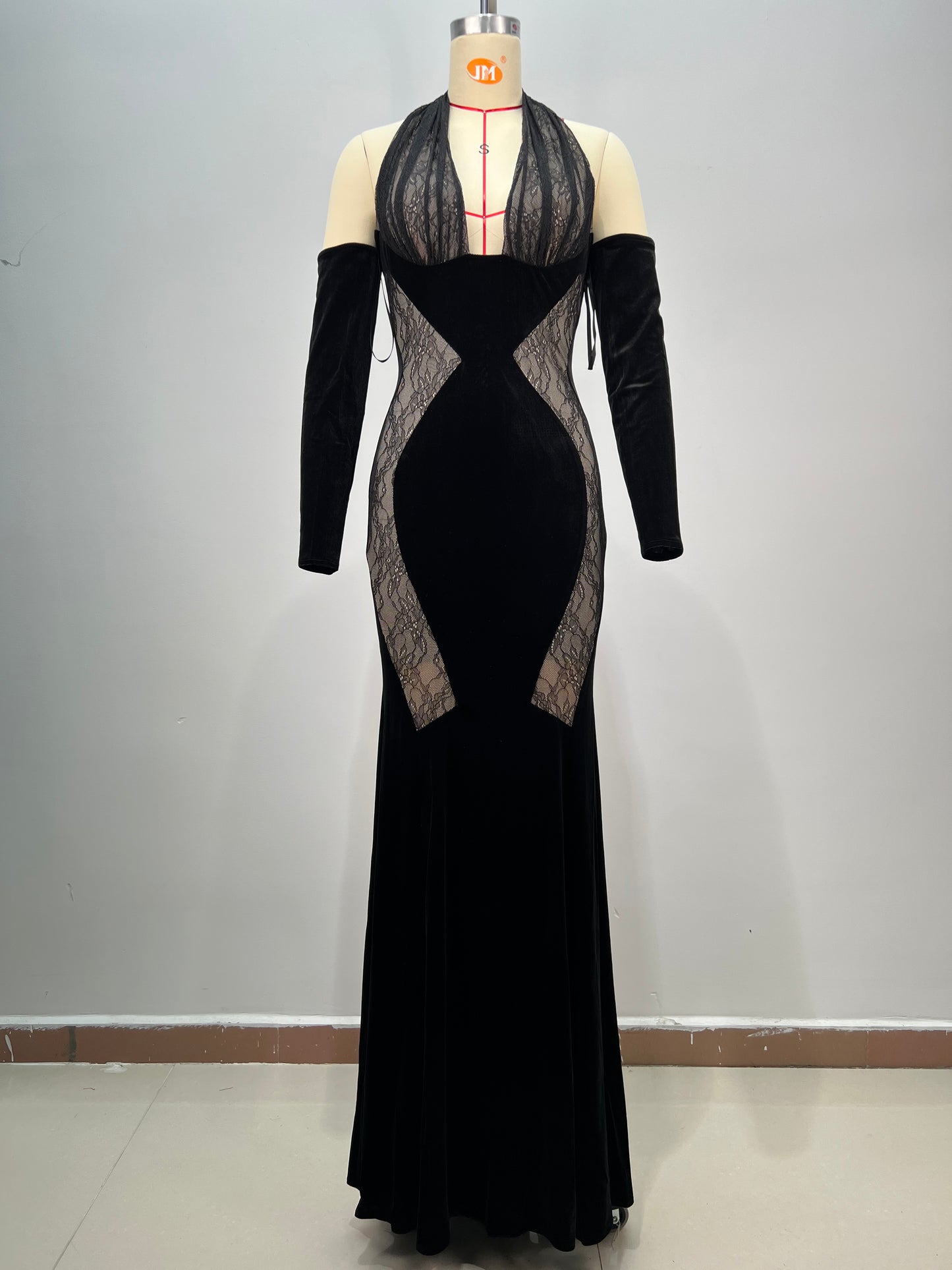Long Sleeve Halter Lace Maxi Velvet Dress HV2048