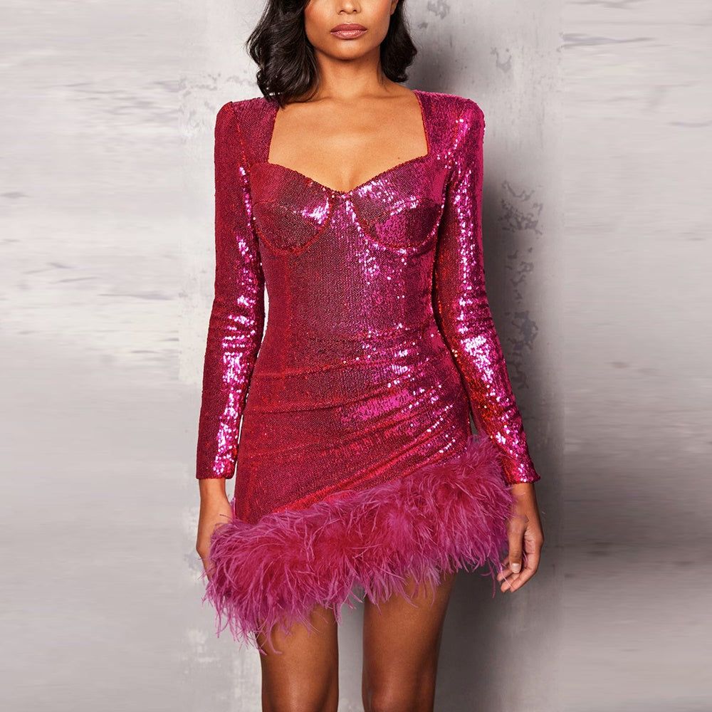 Long Sleeve Bustier Feather Sequin Dress HV8913