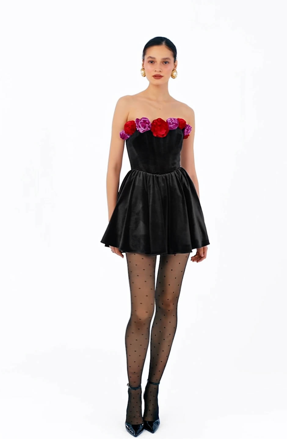 Flower Detail Strapless A Line Velvet Dress Black HV1173