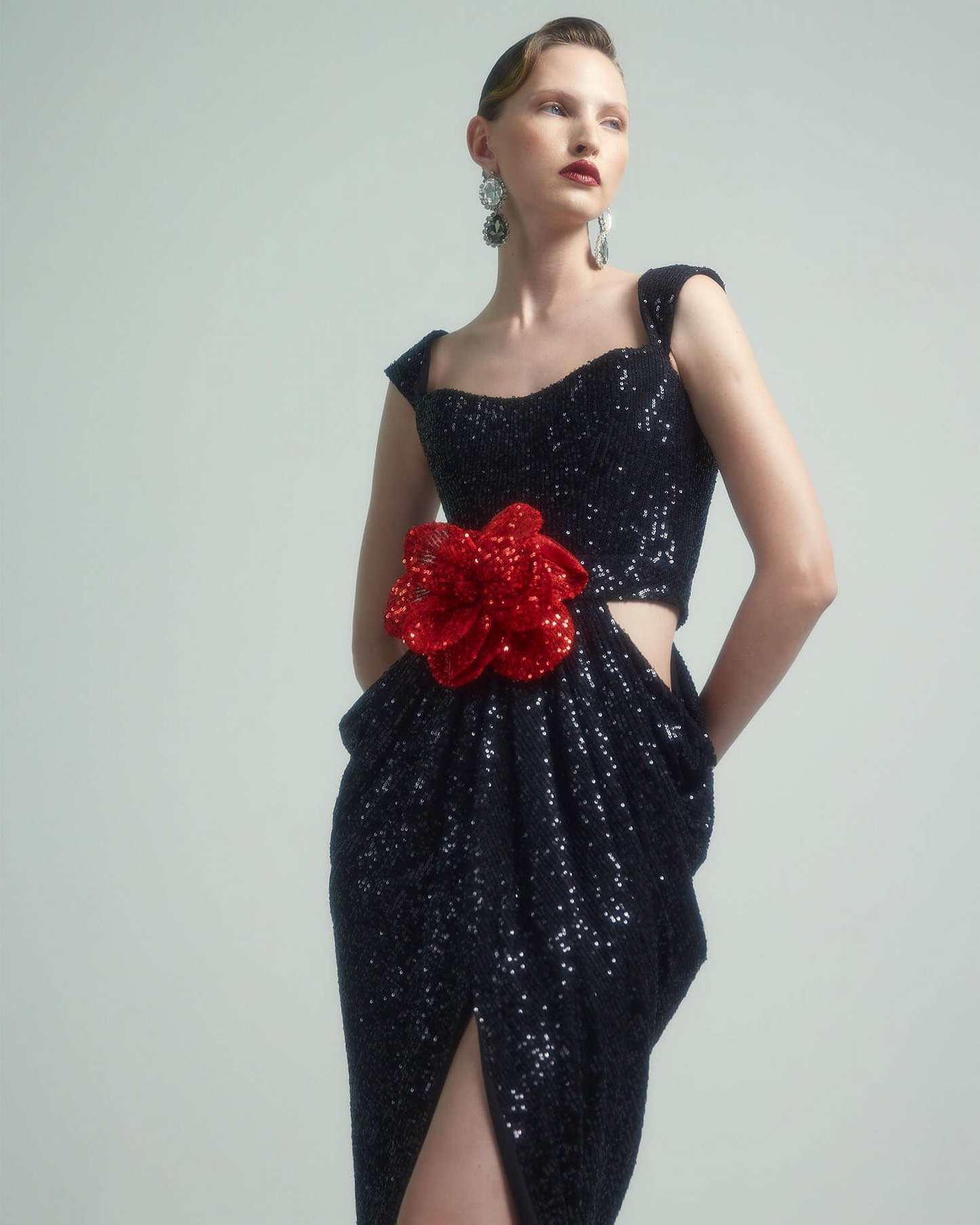 Floral Sequin Draped Maxi Dress Black HV1707