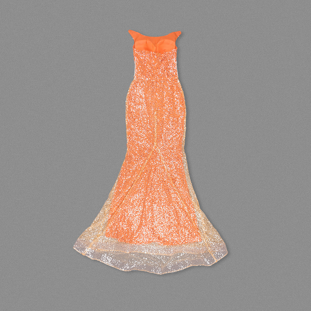 Strapless Crystal Sequin Maxi Dress Orange HV1756