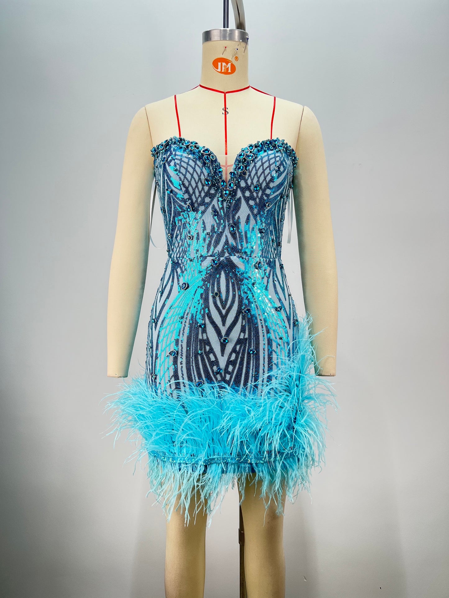 Strapless Sequin Crystal Feather Dress Blue HV1741