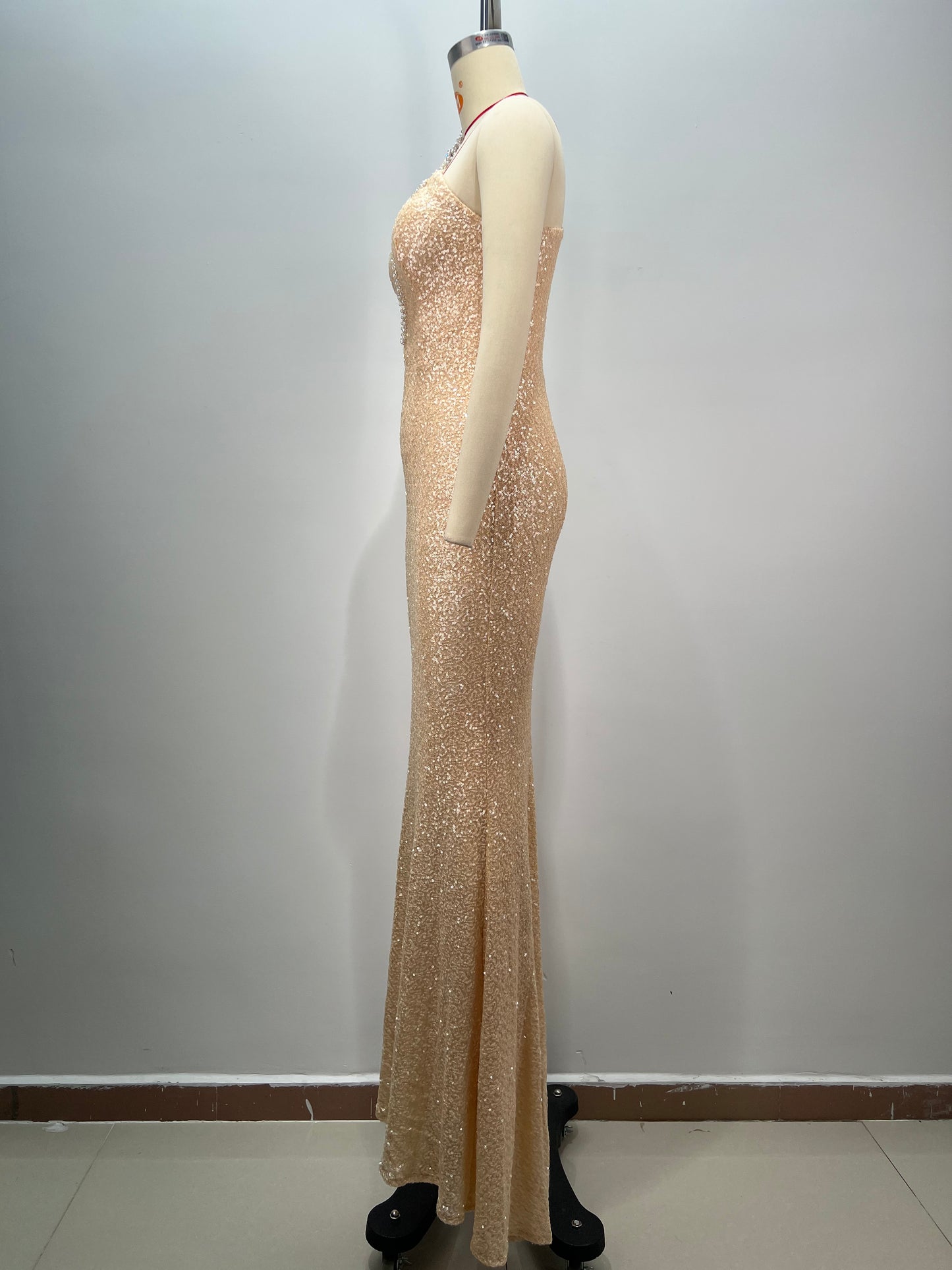 One Shoulder Pearl Sequin Maxi Dress Nude HV1782
