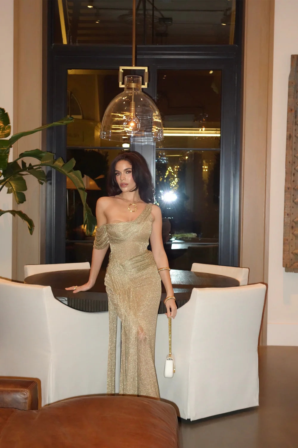 One Shoulder Draped Maxi Dress Gold Nude HV2070