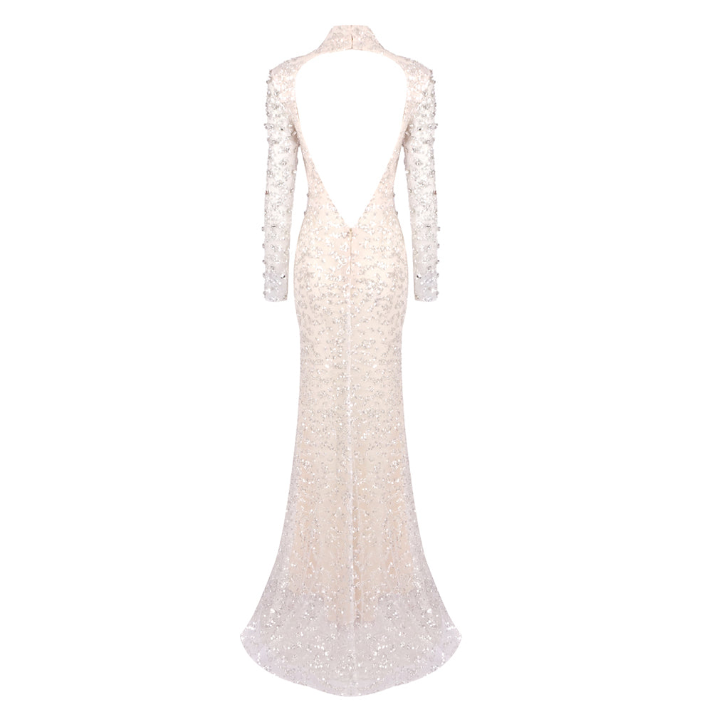 Long Sleeve Crystal Backless Maxi Dress Nude HV2000