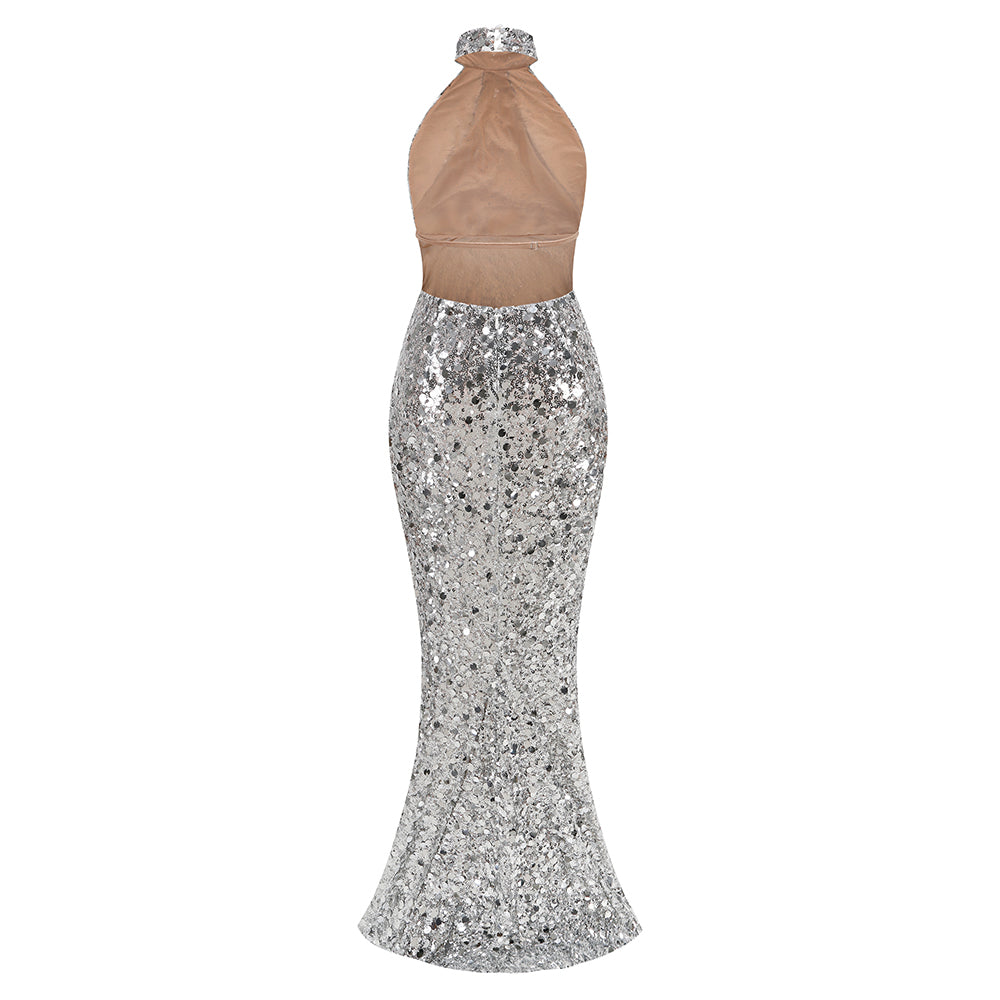 Halter Sequin Crystal Backless Maxi Dress Silver HV2056