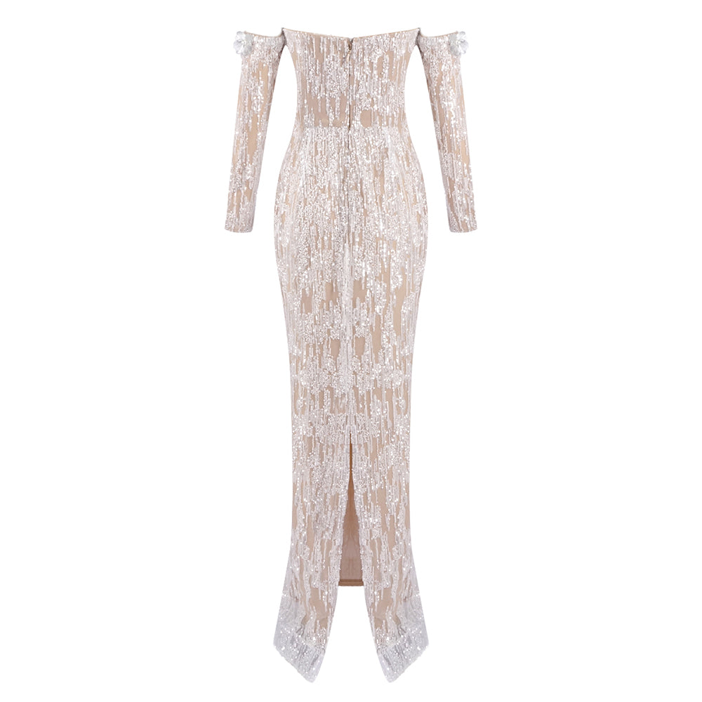 Long Sleeve Bardot Maxi Dress Nude HV2134
