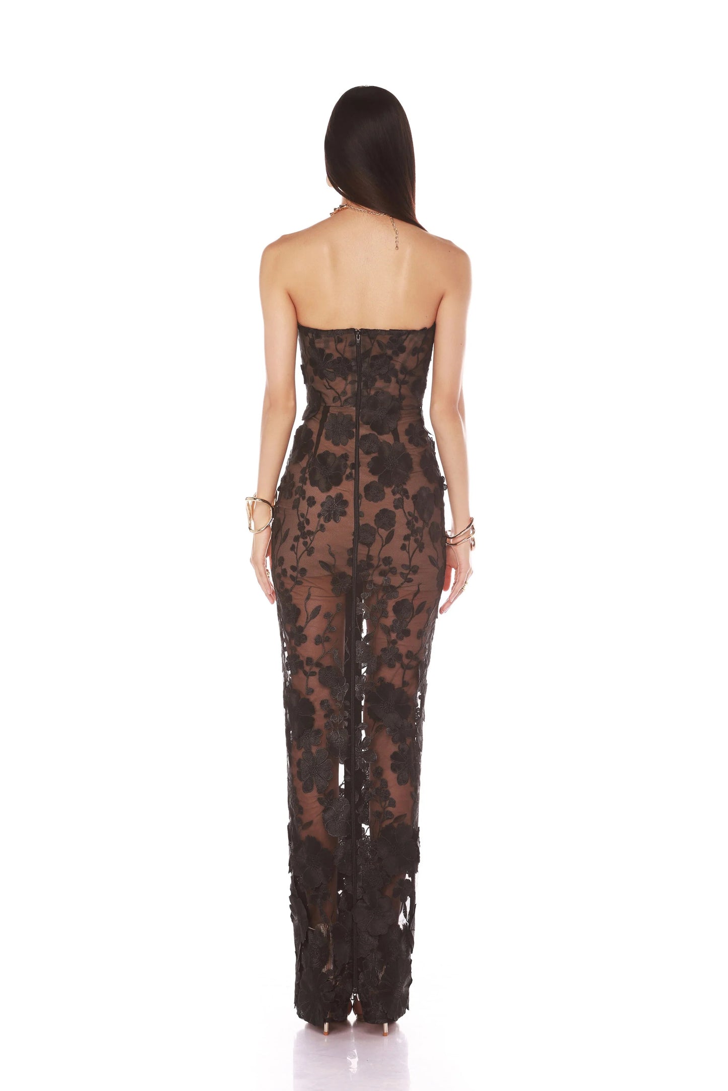 Strapless Floral Embroidered Maxi Dress Black HV2101