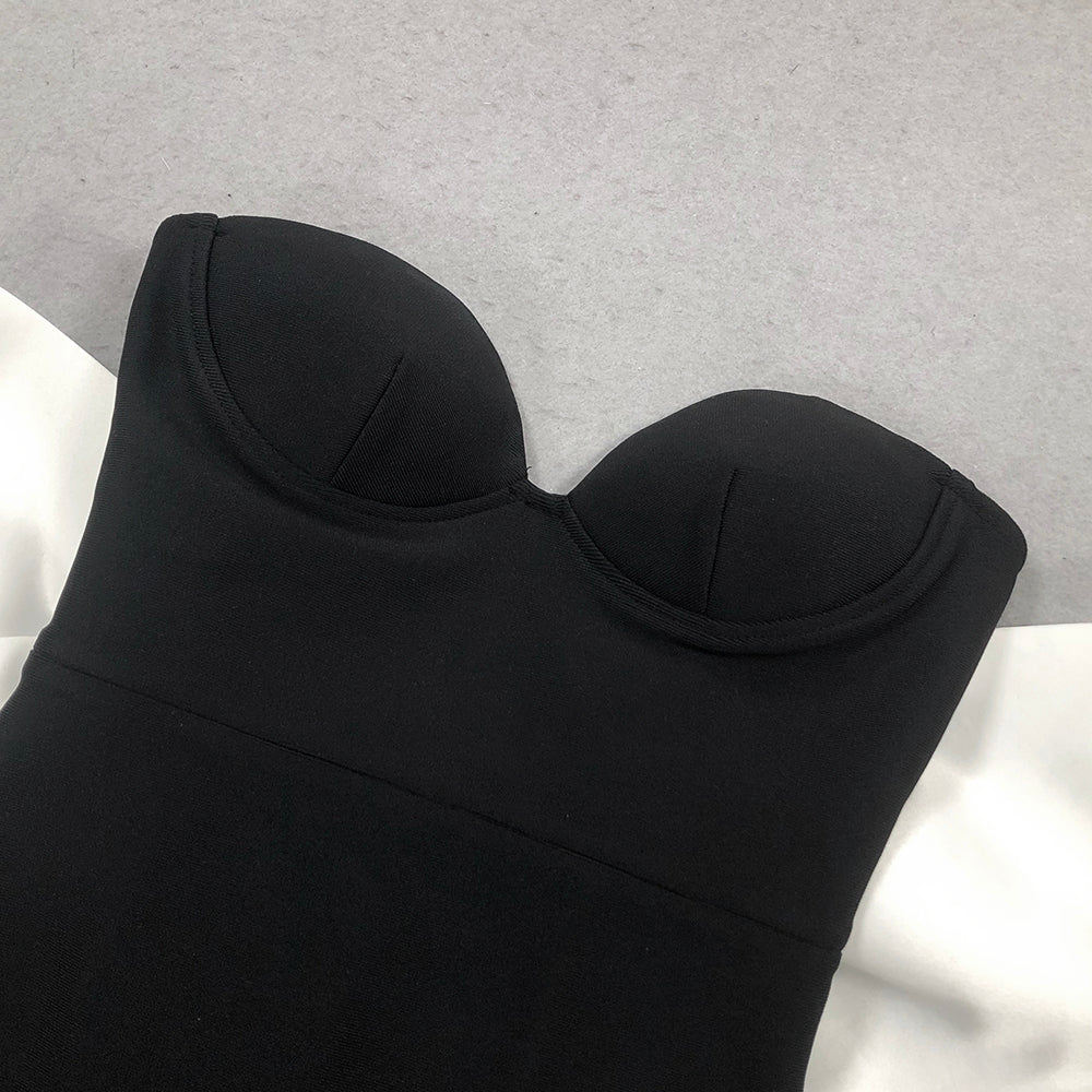 Strapless Bustier Bow Detail Maxi Dress Black White HV10110