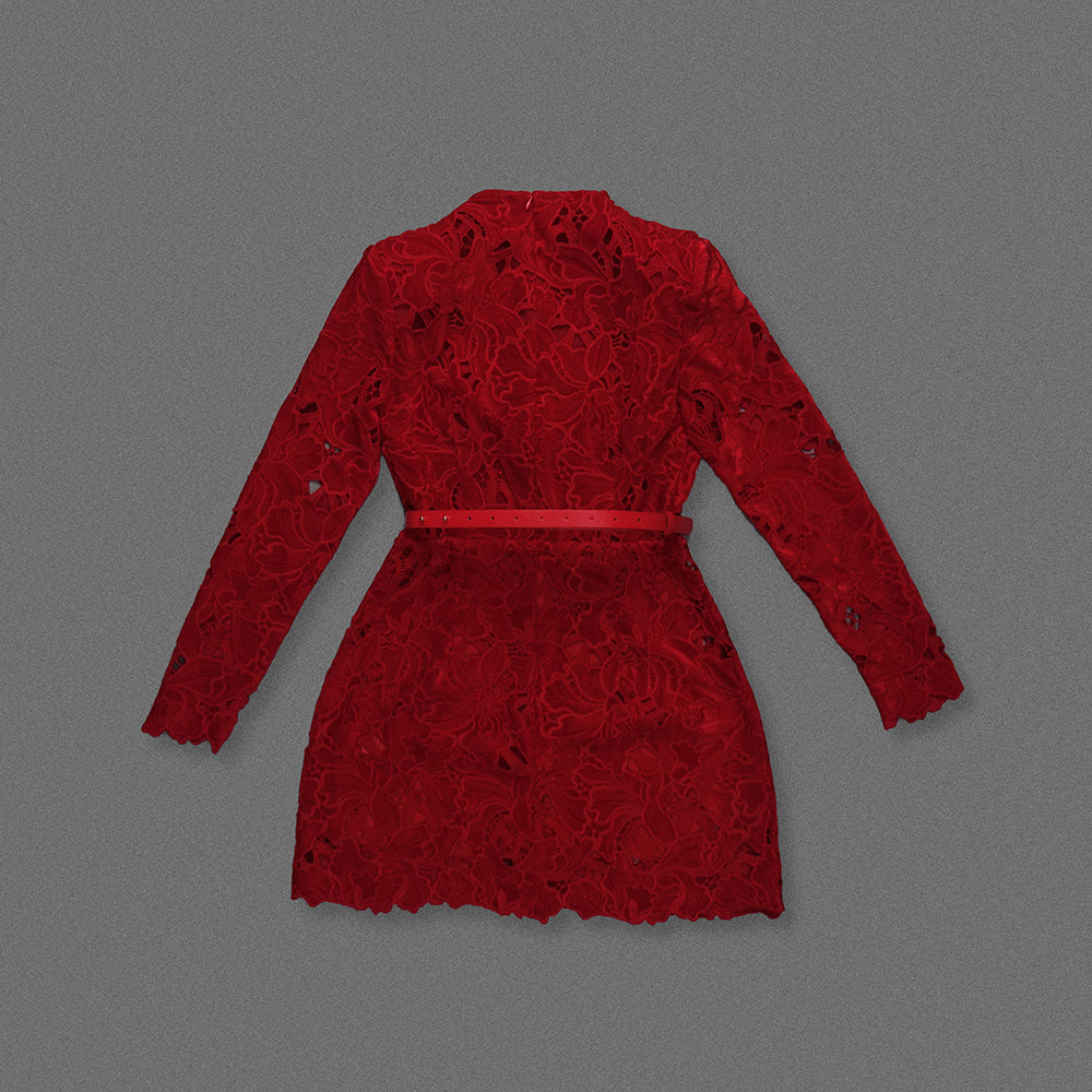 Long Sleeve Crochet Dress Red HV2676