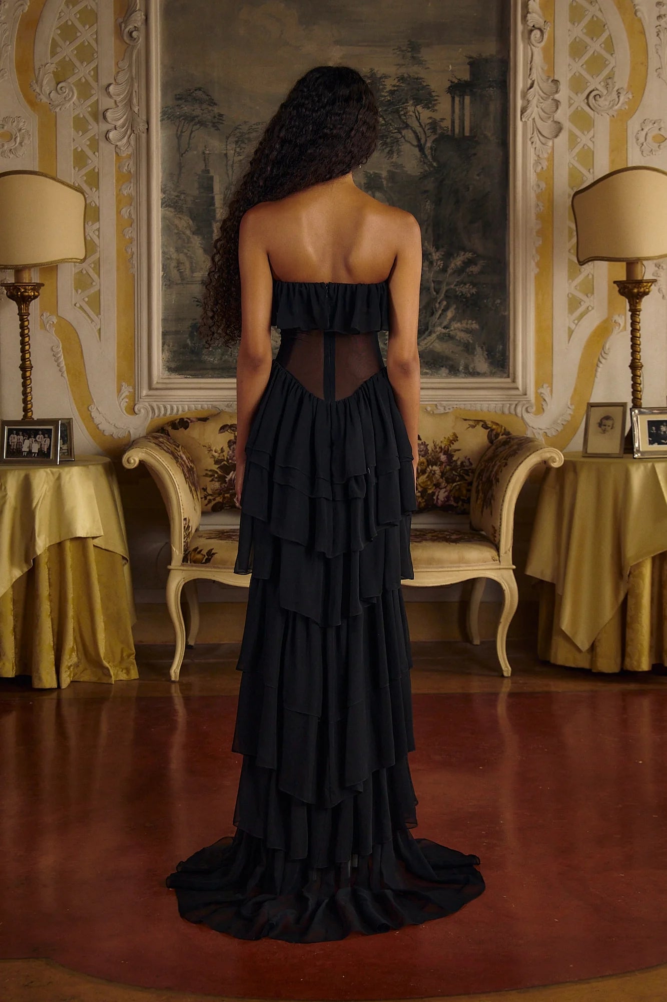Strapless Corset Ruffle Maxi Dress