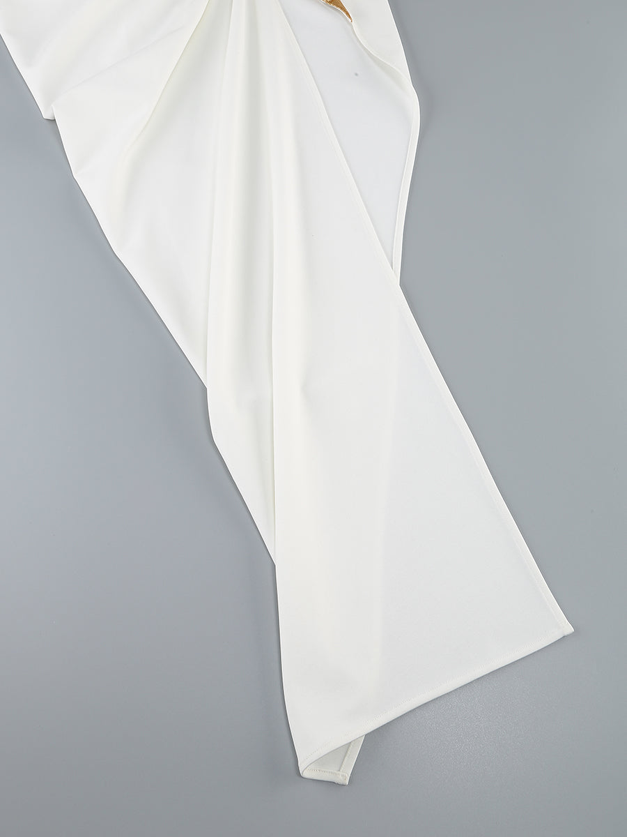 One Sleeve Floral Ruched Maxi Dress White Gold