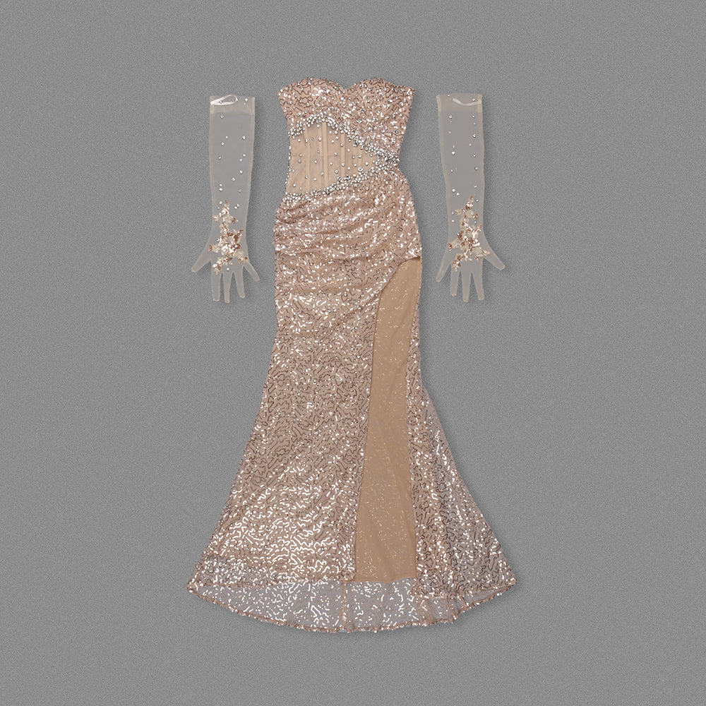 Strapless Crystal Sequin Corset Maxi Dress Nude HV1916