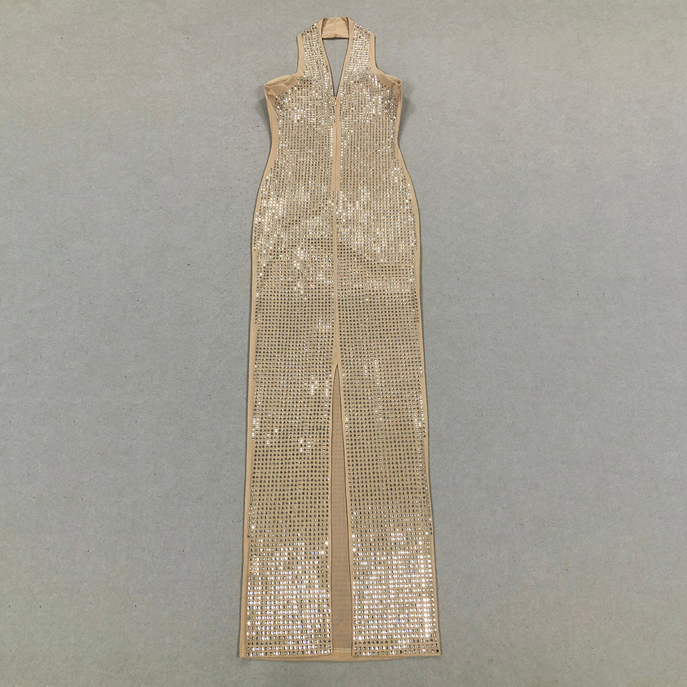 Halter Crystal Maxi Dress Nude