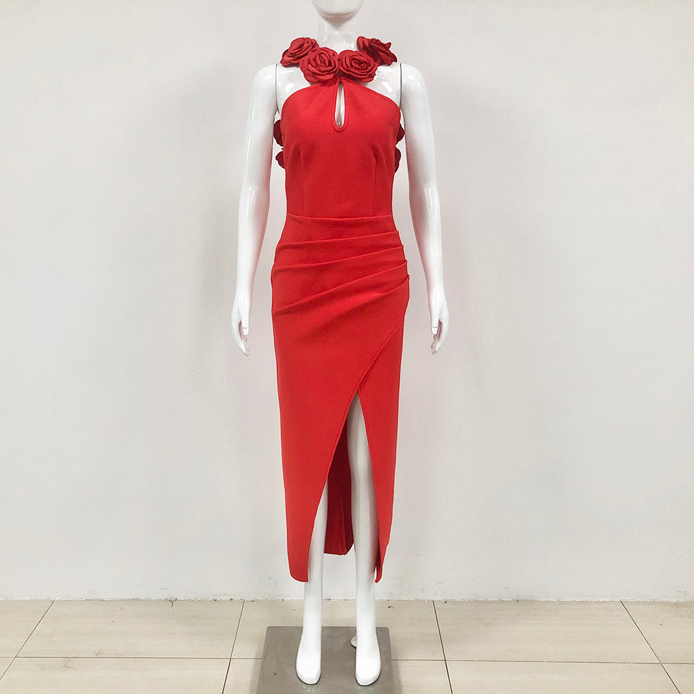 Halter Floral Backless Maxi Dress Red HV1733