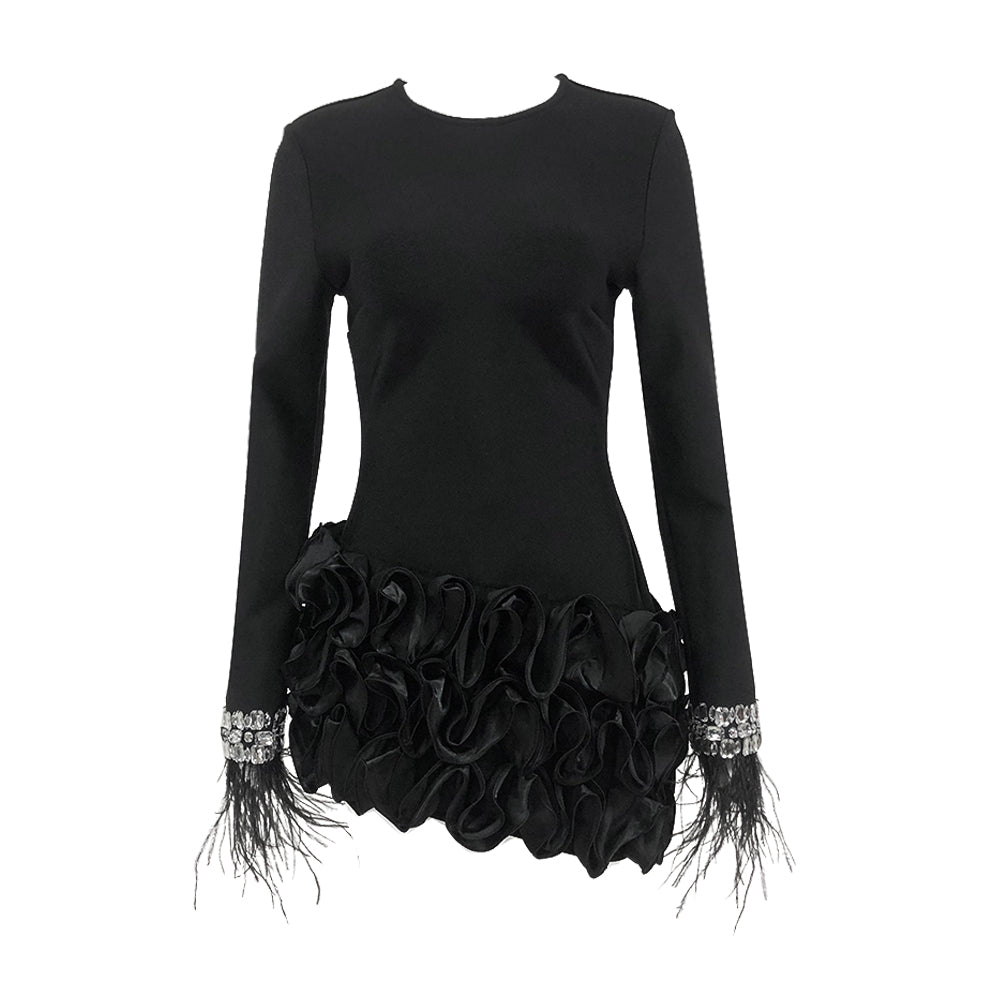 Crystal Feather Long Sleeve Ruffle Dress