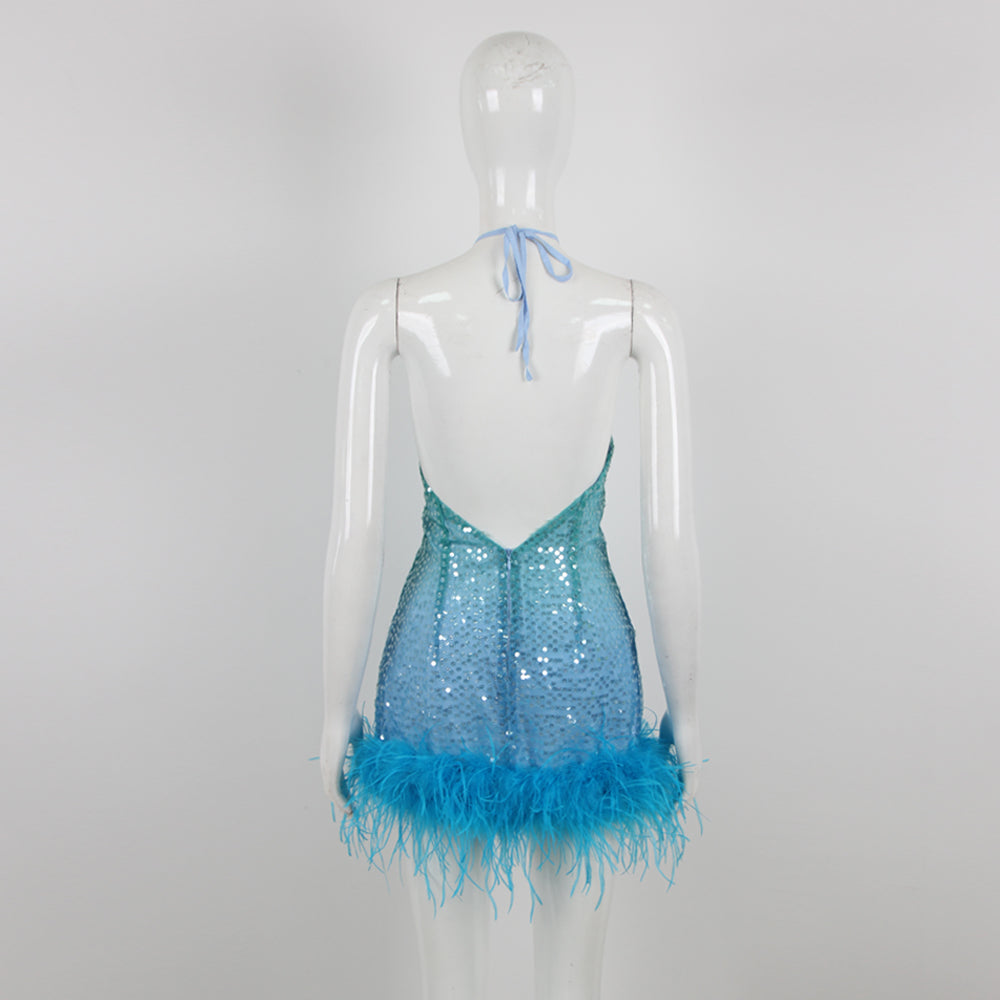 Halter Sequin Feather Hem Dress Blue HV9881