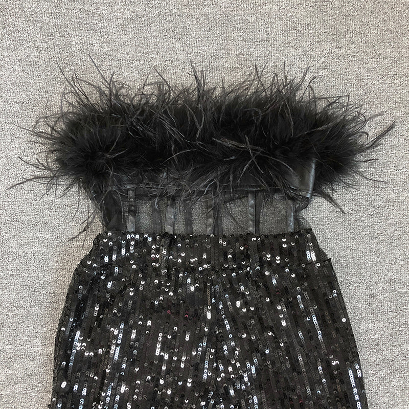 Strapless Feather Sequin Jumpsuit Black HV1549