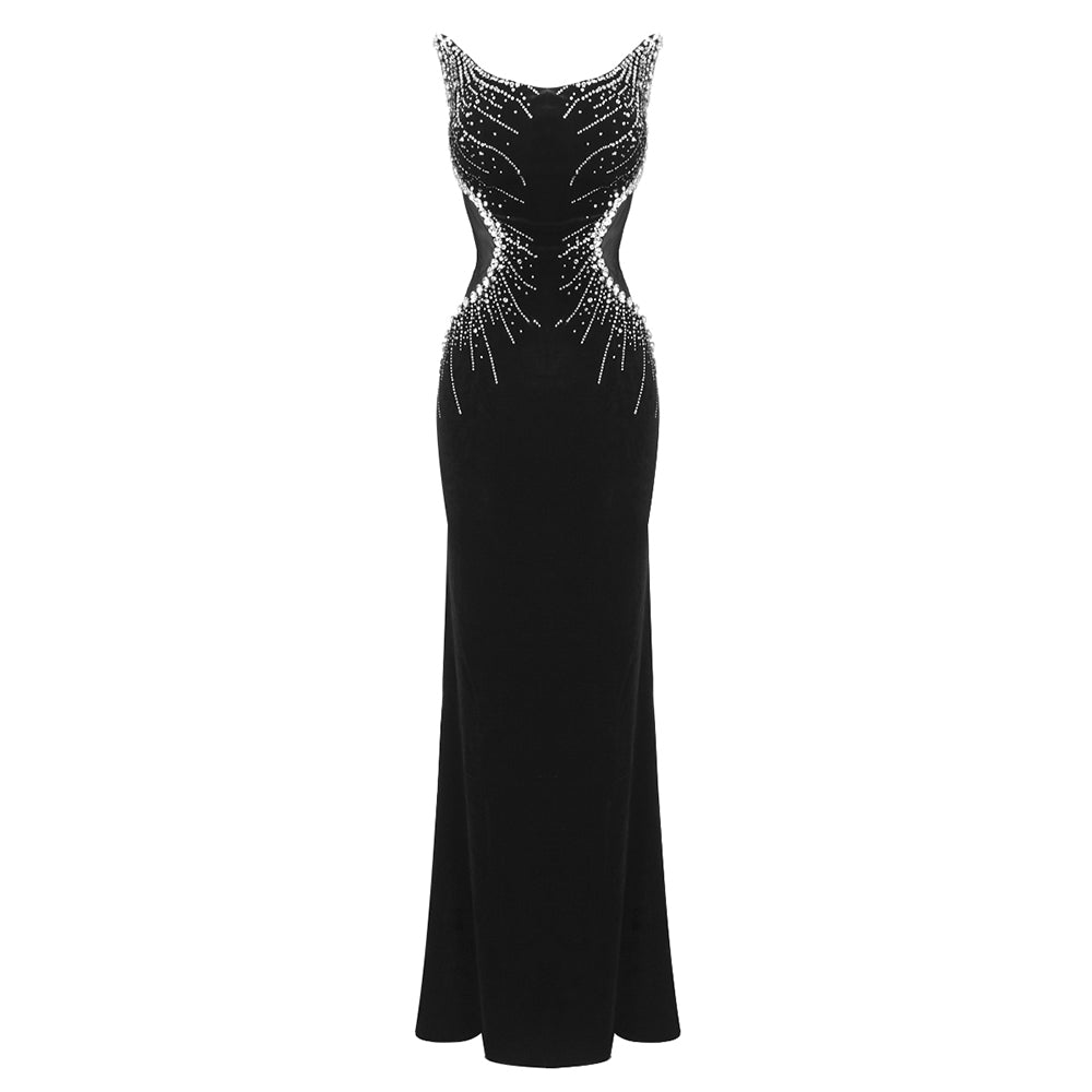Strapless Crystal Mesh Maxi Dress Black HV1726