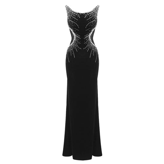 Strapless Crystal Mesh Maxi Dress Black HV1726