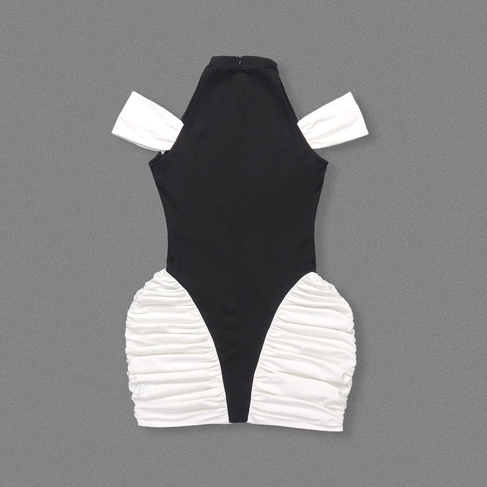 Cold Shoulder Ruched Dress Black White HV2660