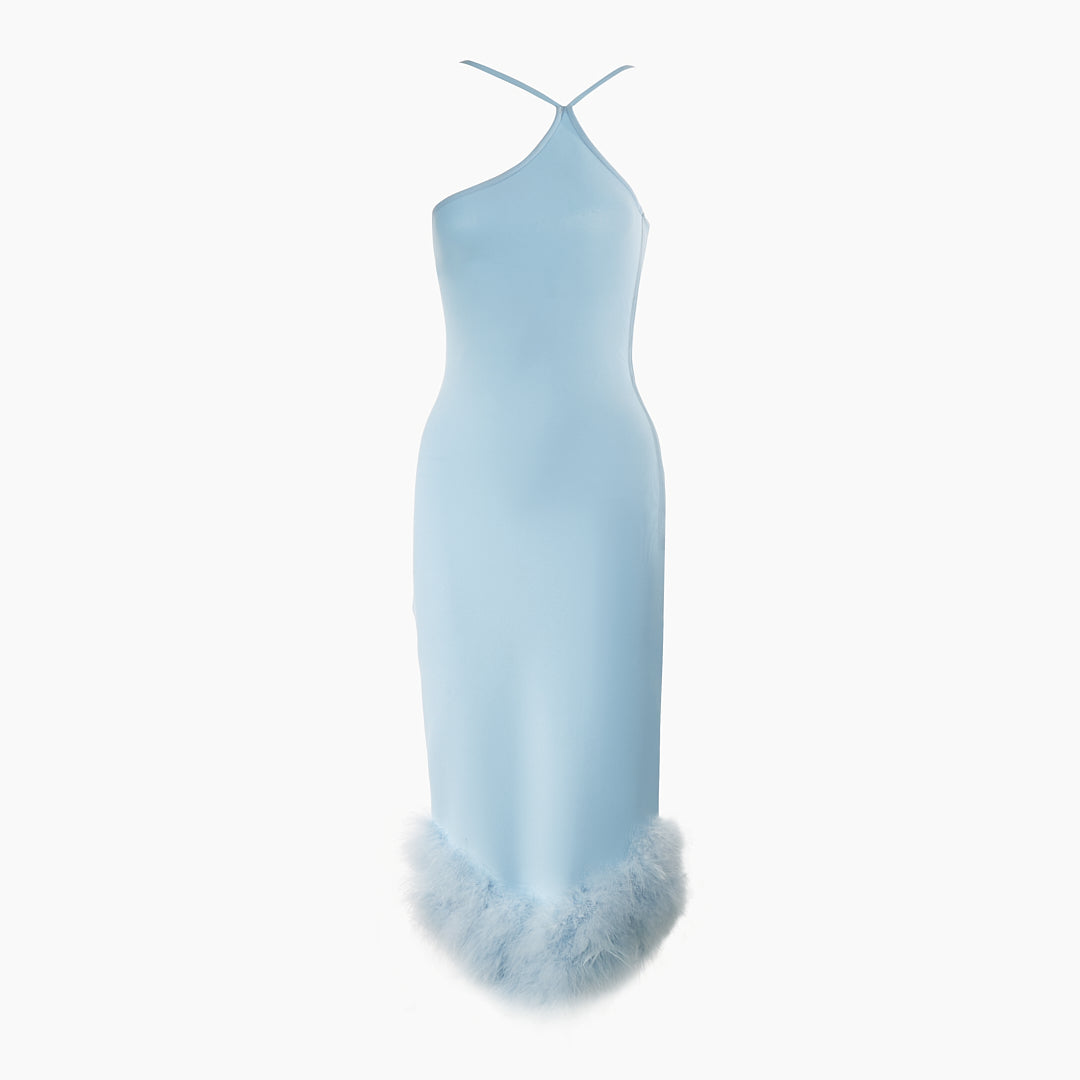 One Shoulder Feather Detail Midi Dress Blue