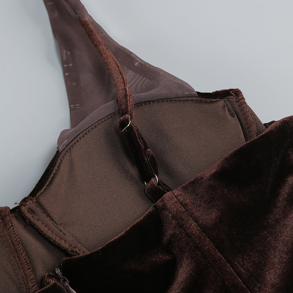 Velvet Bustier Draped Maxi Dress Brown HV2136