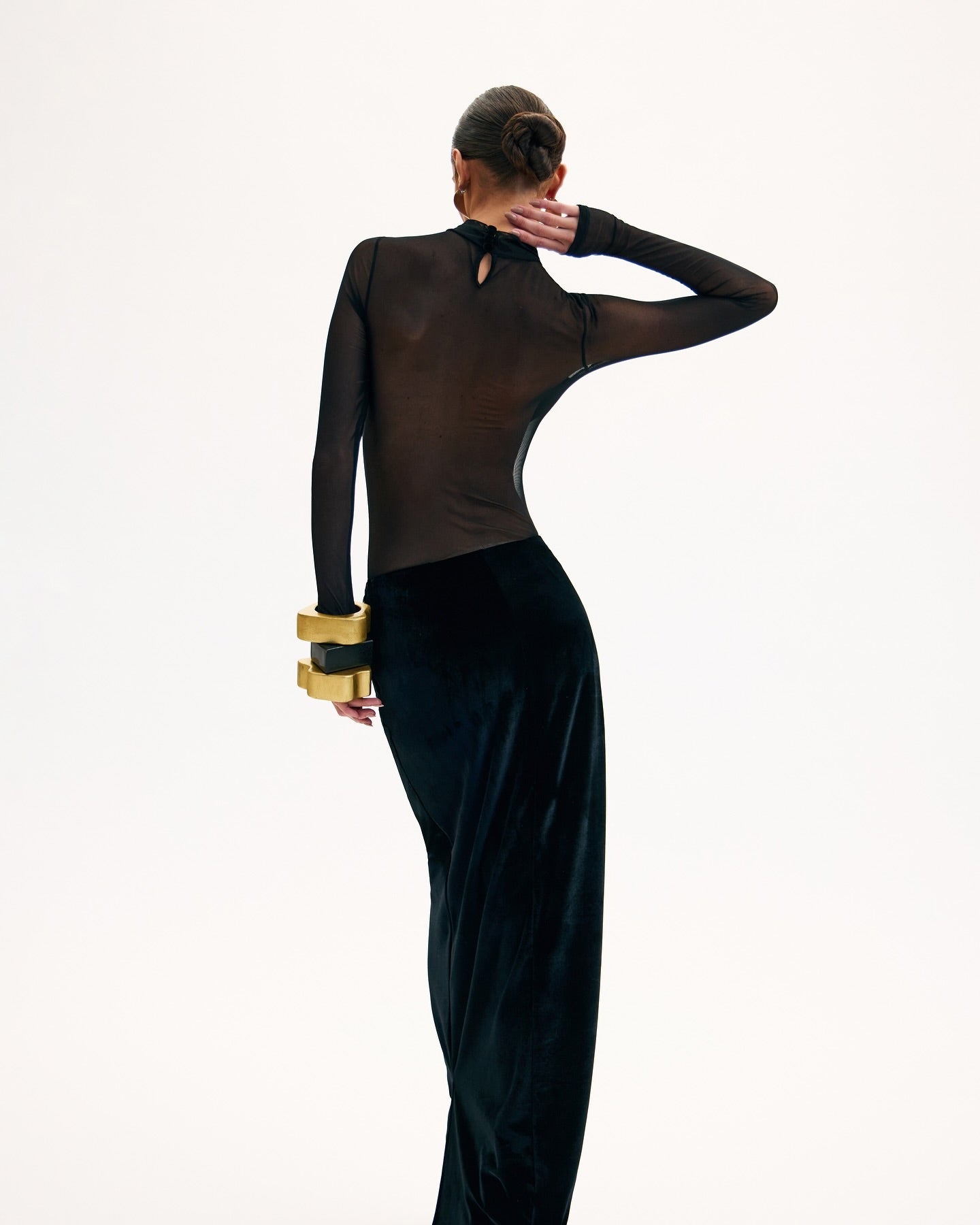 Long Sleeve Bustier Mesh Maxi Dress Black HV1537